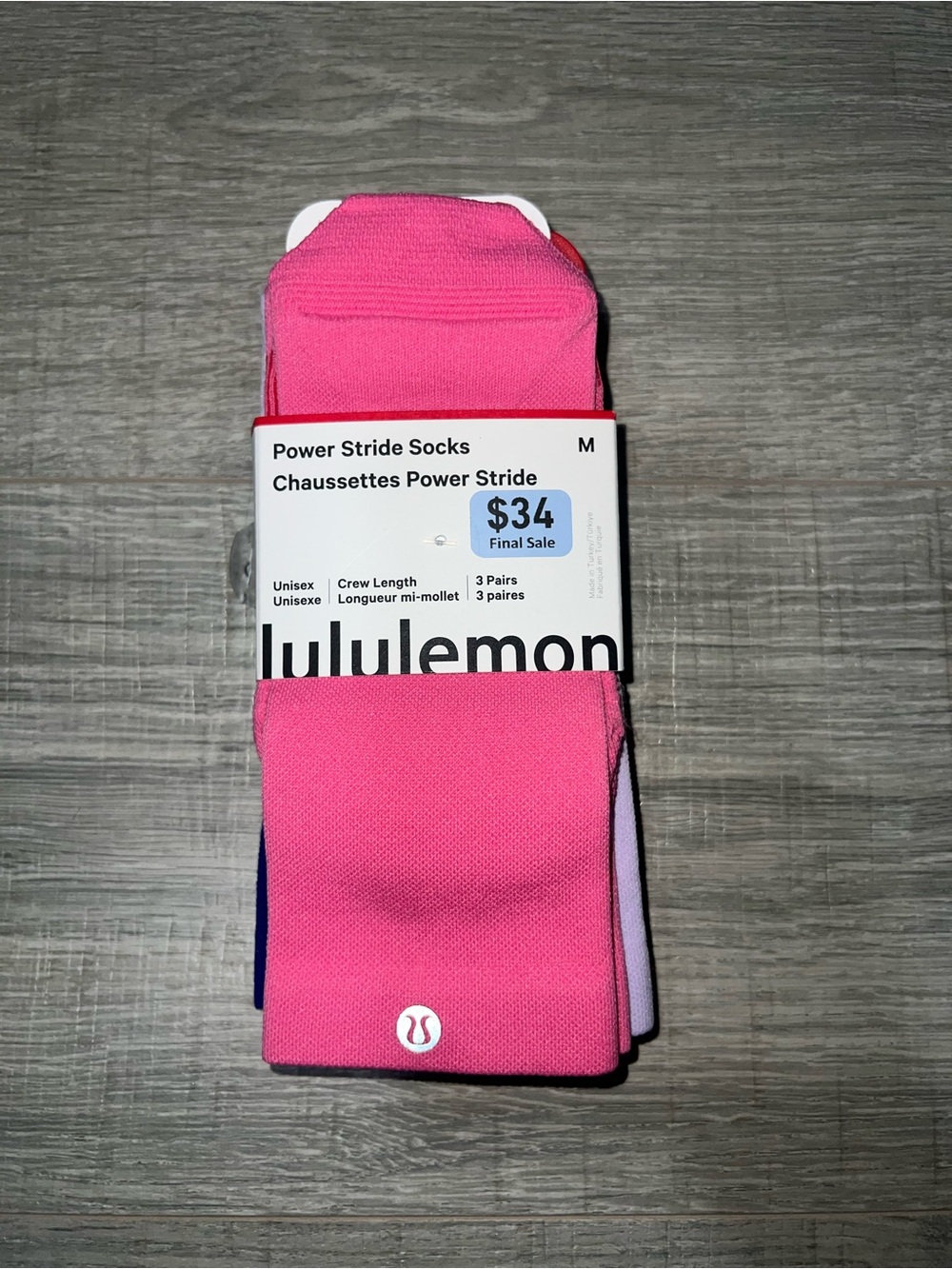 NWT lululemon Power Stride Crew Socks - Hot Pink (3 Pack)